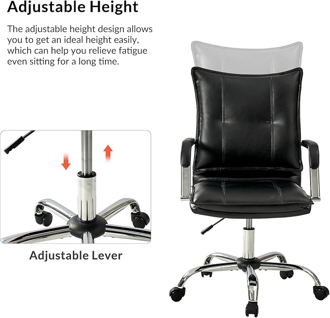 HULALA HOME Faux Leather Home Office Desk Chair, Adjustable Swivel Computer Chair with Sliver Legs and Arms, Comfy Upholstered Task Chair(Black)