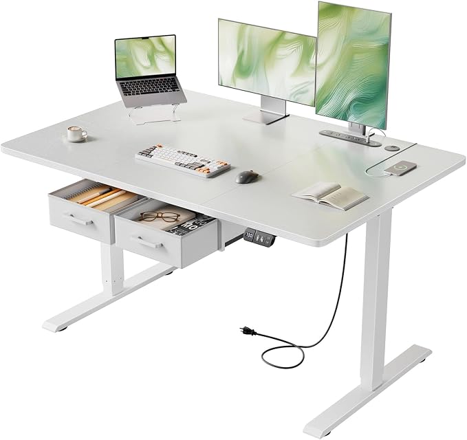 HLDIRECT Electric Standing Desk with Outlets & 2 Drawers, White | 47" x 31.5", 176lb, 28.35"-46.06" height range, 3 memory presets, home office ergonomic workstation