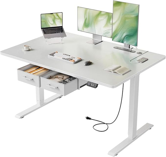 HLDIRECT Electric Standing Desk with Outlets & 2 Drawers, White | 47" x 31.5", 176lb, 28.35"-46.06" height range, 3 memory presets, home office ergonomic workstation