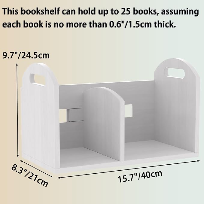 Wood Desktop Bookshelf, Upright Tabletop Book Shelf With Adjustable Divider Secure Books in Place, Desk Shelf for Top of Desk in Living Room Home Office, Perfect for Books Magazine File (White)