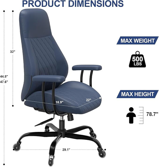 E-Ser Leather Desk Chair, Mid Century Modern Office Chair, Blue | Lumbar Support, Ergonomic, 360° Swivel, Rubber Rolling Wheels, Adjustable Height, for Adults