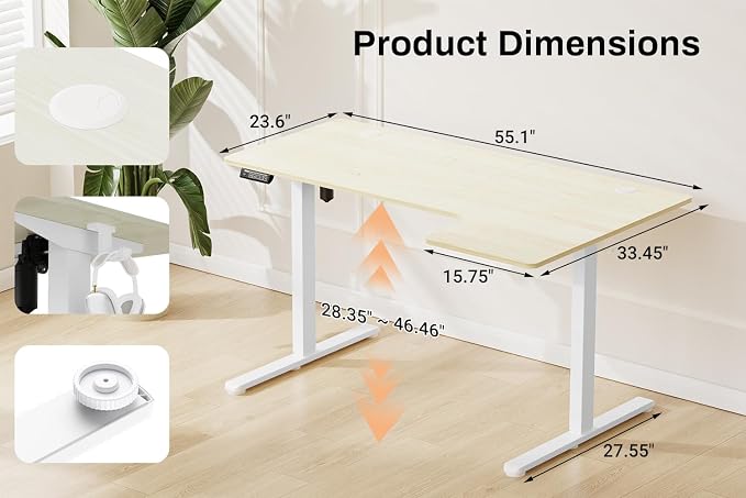 EcoZen Standing Desk Electric Height Adjustable Desk 55 x 33.5 Inches L Shaped Sit Stand up Desk, Computer Home Office Desk Memory Preset with Two-Piece Fir Wood Desktop (Lightwood, 55 * 33.5 Inch)