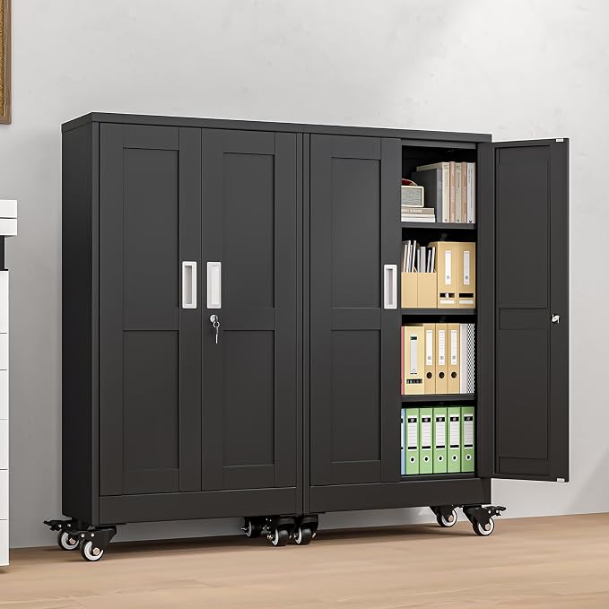 pozdeg 45.6" Metal Garage Storage Cabinets with Wheels, Lockable Rolling File Cabinets with 2 Doors and 3 Adjustable Shelves, Steel Tool Organizer Locker for Office Home Garage Gym School, Black