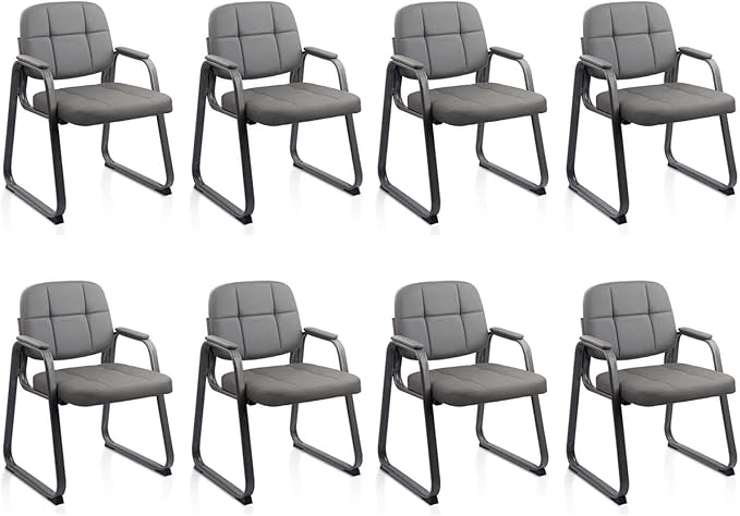 CLATINA Waiting Room Chairs with Padded Arms Leather Guest Chair no Wheels for Office Reception and Conference Desk with Sled Base Grey, 8PK