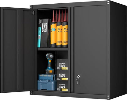 GREATMEET Locking Metal Wall Cabinets for Garage, Garage Cabinets Wall Mount, Steel Floating Hanging Storage Cabinet with Doors and Adjustable Shelf for Utility Room