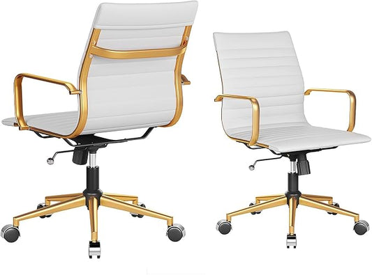 Ergonomic Office Chair White and Gold Leather Desk Chair for Home Office, Mid Century Comfy Executive Computer Chair Adjustable Swivel（1pcs）