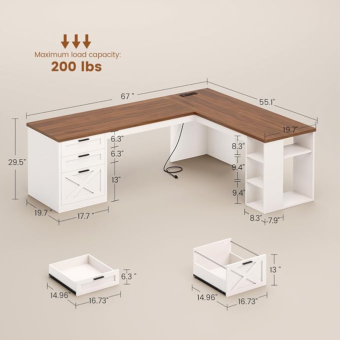 SEDETA Farmhouse 67" L Shaped Desk with 3 Drawers, White Corner Computer Desk with Storage Shelves, Home Office Desks with Power Outlets，Executive Desk for Home Office, White and Brown