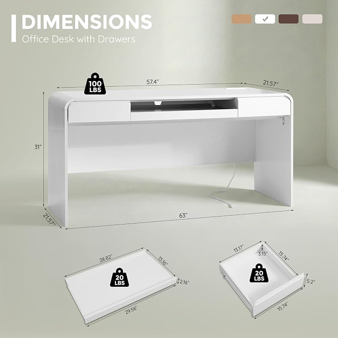 63" Modern Computer Desk with 2 Drawers, Wood Curved Executive Desk with Keyboard Tray & Power Outlet, Writing Desks with Storage for Home Office, Study Room, Living Room (White)