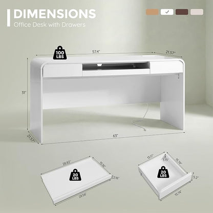 63" Modern Computer Desk with 2 Drawers, Wood Curved Executive Desk with Keyboard Tray & Power Outlet, Writing Desks with Storage for Home Office, Study Room, Living Room (White)