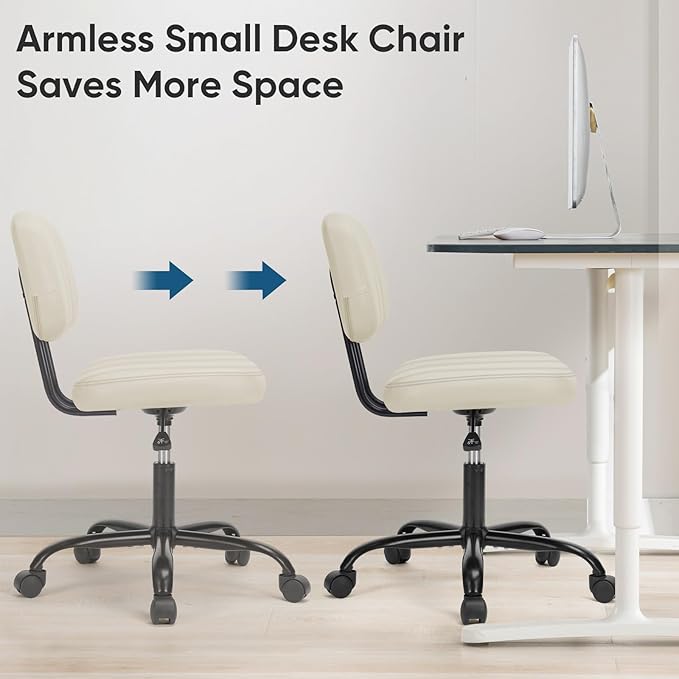 DUMOS Armless Home Office Chair: Small Desk Chair with Low Back Lumbar Support, Height Adjustable PU Leather Computer Task with 360° Swivel Wheels, for Adults, Beige