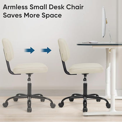 DUMOS Armless Home Office Chair: Small Desk Chair with Low Back Lumbar Support, Height Adjustable PU Leather Computer Task with 360° Swivel Wheels, for Adults, Beige
