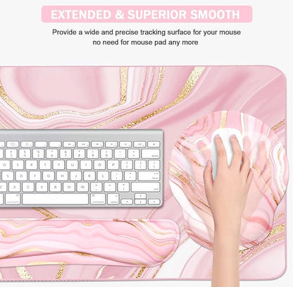 4-in-1 Gaming Mouse Pad Wrist Support Set，Desk Pad + Mouse Pad with Wrist Rest + Keyboard Wrist Rest + Coaster, Ergonomic Design for Home Office Study Game - Pink Fluid