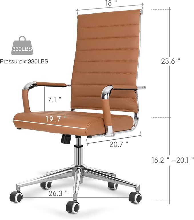 Home Office Chair Ribbed, Modern Leather Conference Waiting Room Chairs,Ergonomic Office Desk Chair, High Back Executive Computer Chair, Adjustable Swivel Chair with Arms,Brown