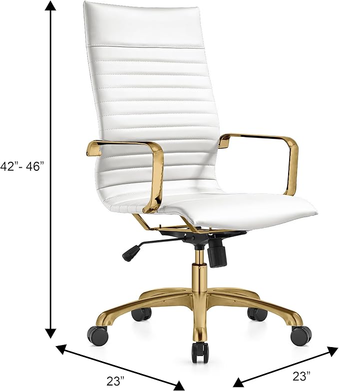 LeisureMod Harris High-Back Task Office Chair - Modern Leather Upholstery with Gold Frame, Ribbed Design 360 Degree Adjustable Swivel for Home, Office, and Study Room