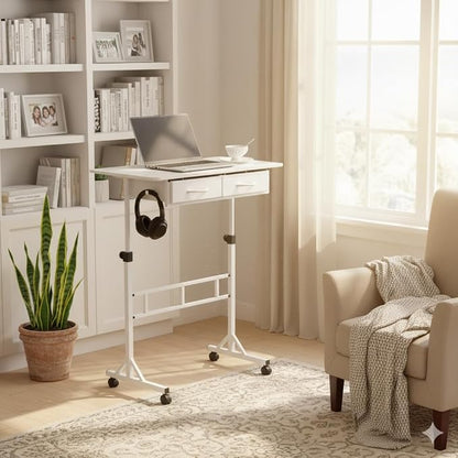 Small Standing Desk for Walking Pad with Drawers, 27.6"-49.2" Adjustable Folding Standing Desk, 32in Portable Standing Desk on Wheels, Rolling Desk for Home/Classroom/Office, White