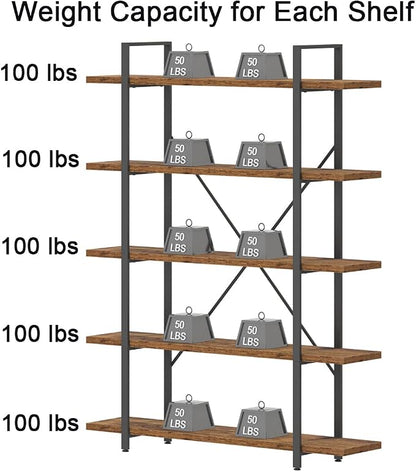 HSH Rustic Bookcases and Book Shelves 5 Shelf, Metal Wood 5 Tier Bookshelf and Storage Book Rack, Vintage Large Book Shelf for Bedroom Living Room Office,Open Vertical Display Etagere Book Case, Brown
