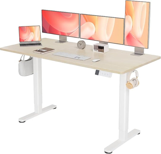 YDN Electric Standing Desk Adjustable Height, 63 x 24 Inches Stand up Desk with Cable Management, Home Office Desks with Splice Board & White Frame, Nature Top