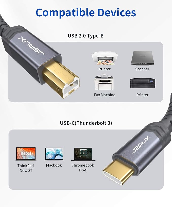 JSAUX USB B to USB C Printer Cable 10ft, USB C to USB B Printer Cable Nylon Braided, USB C MIDI Cable Compatible with MacBook Pro, HP, Epson, Canon, Brother, Lexmark, Xerox Printers and Scanners-Gray