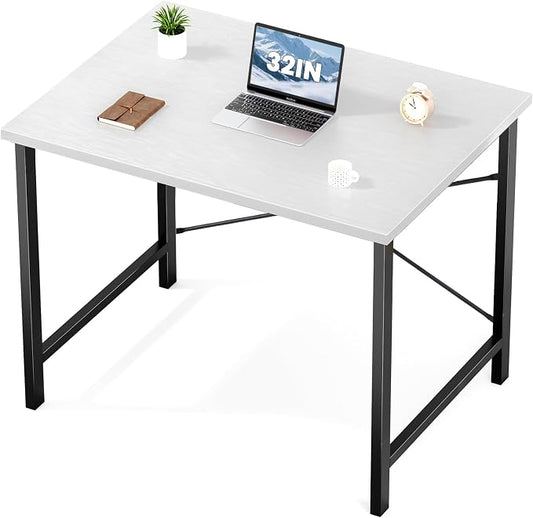 Sweetcrispy Computer Desk, Small Office 32 Inch Writing Work Study Student Teacher Home Bedroom Table with Metal Frame Wood Tabletop, Compact Modern Study Table for Home Use, Modern White