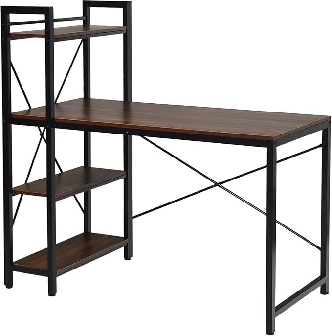 Tangkula Computer Desk with 4 Tier Shelves, Study Writing Desk with Storage Bookshelves, Modern Compact Home Office Workstation, 47.5" Tower Desk with Steel Frame & Adjustable Feet Pad, Teak
