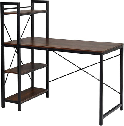 Tangkula Computer Desk with 4 Tier Shelves, Study Writing Desk with Storage Bookshelves, Modern Compact Home Office Workstation, 47.5" Tower Desk with Steel Frame & Adjustable Feet Pad, Teak