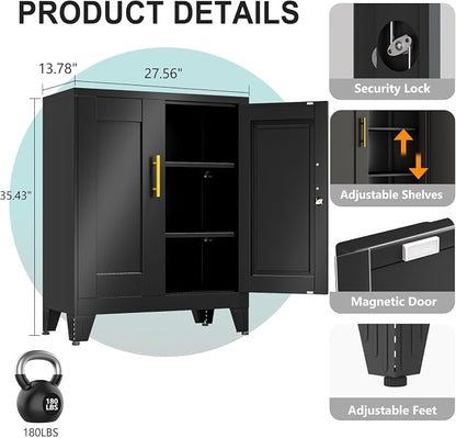 pozdeg 35.43" Metal Storage Cabinet with Lock, Metal File Cabinet with 2 Doors ＆ 2 Adjustable Shelves, Steel Locker Utility Tool Garage Cabinets for Home, Office, Warehouse (Black)