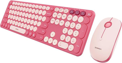 seenda Wireless Bluetooth Keyboard Mouse Combo, COE202 Retro Cute Round Keyboard, Silent Mouse, 3 Multi-Device Connection, Full Size Compatible for PC/Laptop/Mac/MacBook/iPad/Tablet, Pink