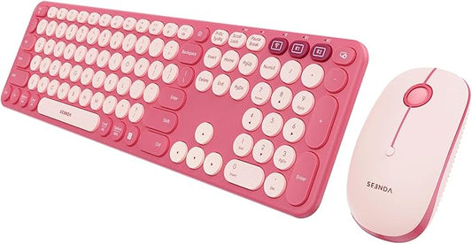 seenda Wireless Bluetooth Keyboard Mouse Combo, COE202 Retro Cute Round Keyboard, Silent Mouse, 3 Multi-Device Connection, Full Size Compatible for PC/Laptop/Mac/MacBook/iPad/Tablet, Pink