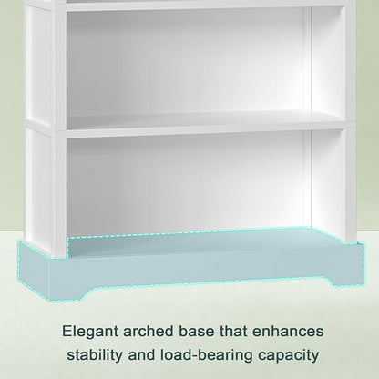 TVU 5-Tier Wooden Book shelf, 65"H × 31.5"W × 9.9“D Bookshelf with Storage, Floor-Standing Display Bookcase, Farmhouse Style Bookshelf with Arched Base, Suitable for Living Room, Study, Office, White