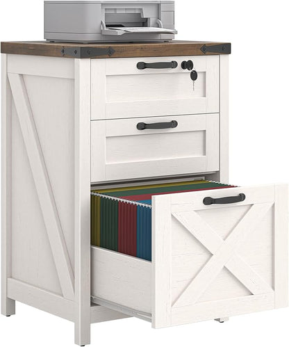 Halitaa 3 Drawer Small File Cabinet with Lock, Farmhouse Vertical Filing Cabinet Fits Letter and A4 Size, Under Desk Wooden File Cabinets for Home Office, Printer Stand, Rustic White