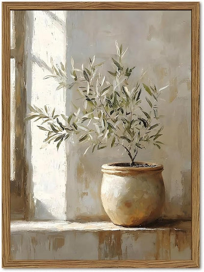 Framed Vintage Olive Tree Canvas Wall Art, Rustic Botanical Pictures Wall Decor, Neutral Potted Plant Paintings Prints Farmhouse Aesthetic Home Decor for Living Room Bedroom Kitchen 16x24 In