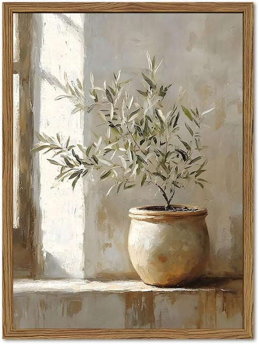 Framed Vintage Olive Tree Canvas Wall Art, Rustic Botanical Pictures Wall Decor, Neutral Potted Plant Paintings Prints Farmhouse Aesthetic Home Decor for Living Room Bedroom Kitchen 8x10 In