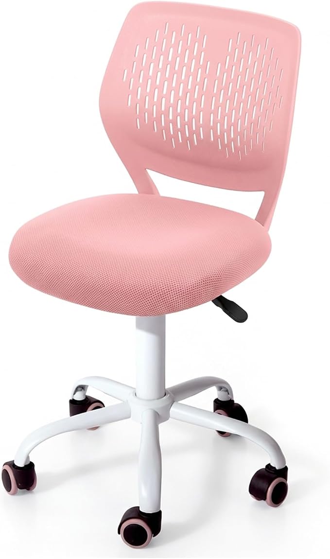 POWERSTONE Small Home Office Desk Chair, Swivel Rolling Study Computer Chair, Adjustable Height Task Chair with Armless Mid Back, Upholstered Mesh Seat, Pink