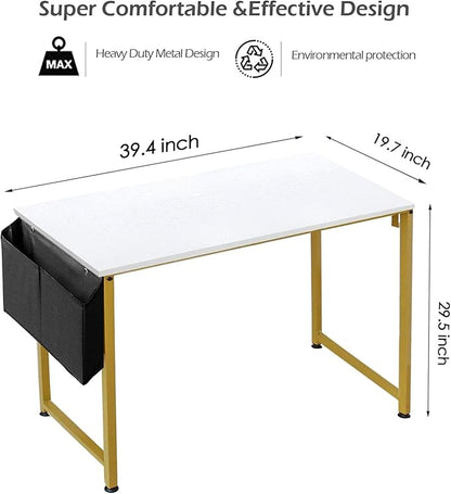 Lufeiya Computer Desk Small White Gold Writing Table for Home Office Compact Spaces 39 Inch Modern Student Study Desk,White Gold