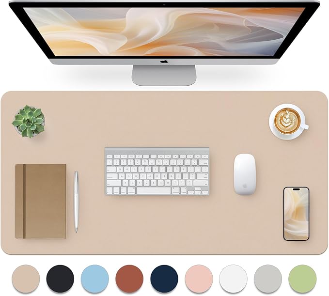Leather Desk Pad, Mouse Pad, Non-Slip Desk Protector Mat, Leather Desk Blotter, Computer Desk Pad, Waterproof Desk Mat for Office Home Decor - Beige (31.5×15.7 Inches)