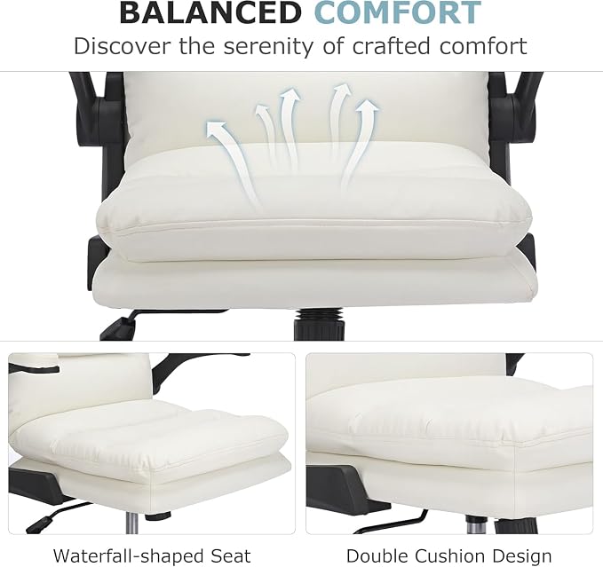 VECELO Ergonomic Swivel Office Desk Chair with Flip-up Armrest and Adjustable Height, Lumbar Support & PU Leather Thickened Cushion, for Computer Task Work, White