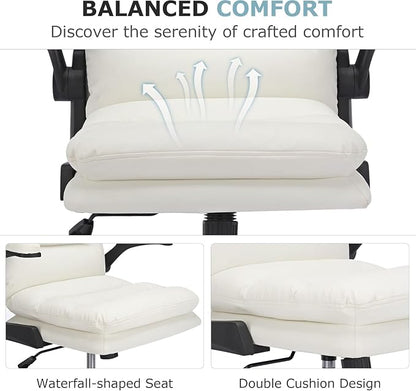 VECELO Ergonomic Swivel Office Desk Chair with Flip-up Armrest and Adjustable Height, Lumbar Support & PU Leather Thickened Cushion, for Computer Task Work, White