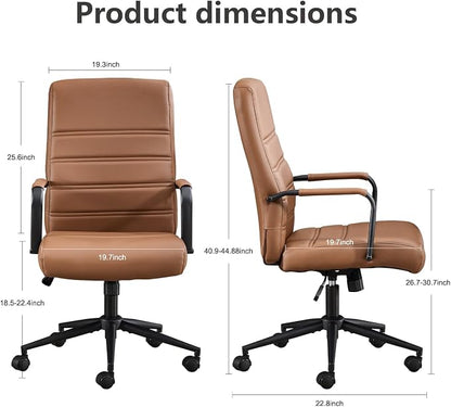 Office Desk Chair Leather, Conference Room Chairs with Wheels, Modern Executive Office Chairs Adjustable Height, Ergonomic Swivel Rolling Ribbed Computer Chair (Brown&Black)