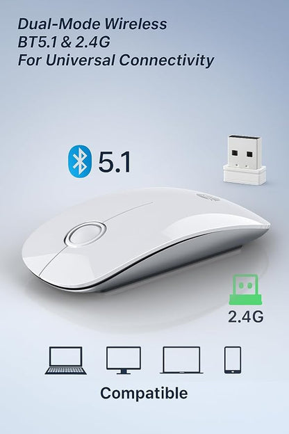 RAPIQUE Bluetooth Wireless Mouse - (BT5.1+USB) Slim Dual Mode Computer Mice with Quiet Click, Low Power, and 1600 DPI, Portable Cordless for MacBook, Laptop, iPad Pro/Air, Chromebook (White)