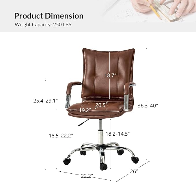 HULALA HOME Faux Leather Home Office Desk Chair, Adjustable Swivel Computer Chair with Sliver Legs and Arms, Comfy Upholstered Task Chair(Brown)
