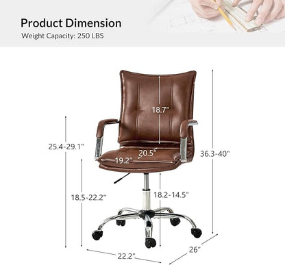 HULALA HOME Faux Leather Home Office Desk Chair, Adjustable Swivel Computer Chair with Sliver Legs and Arms, Comfy Upholstered Task Chair(Brown)