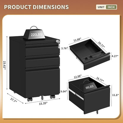3 Drawer Under Desk Storage,Small File Cabinet with Lock,Filing Cabinet for Home Office,Mobile Metal Drawer Organizer for Letter/Legal/A4,Fully Assembled,Black