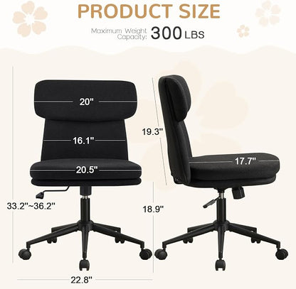 Furniliving Armless Office Chair, Upholstered Chenille Desk Chair with Wheels, Adjustable Swivel Computer Vanity Chair with Double-Layer Cushion, Black