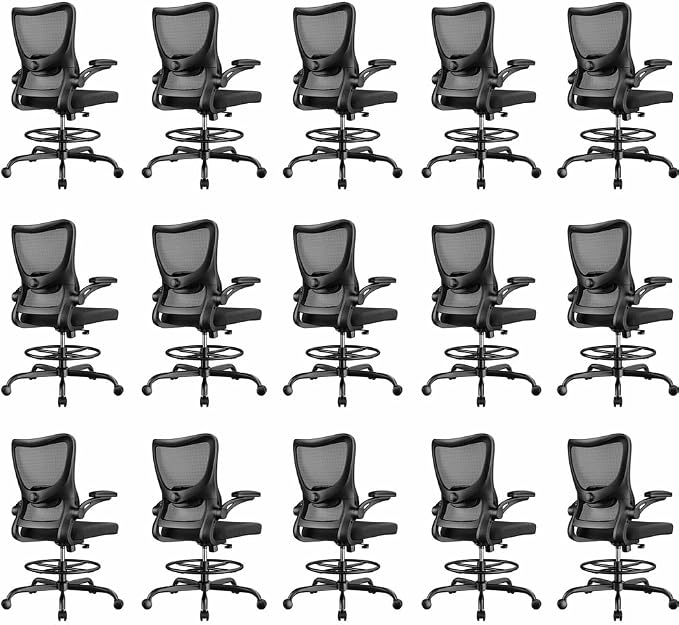 Marsail Drafting Chair, Tall Office Chair with 2D Lumbar Support, Standing Desk Chair with Padded Flip-Up Armrests & Adjustable Footrest Ring, Black,Pack of 15