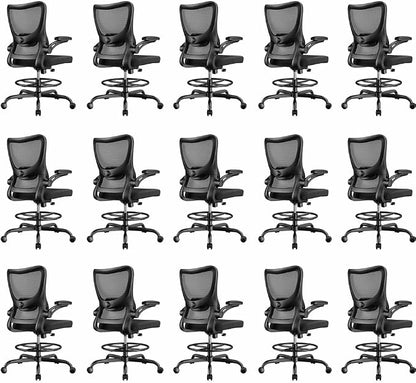Marsail Drafting Chair, Tall Office Chair with 2D Lumbar Support, Standing Desk Chair with Padded Flip-Up Armrests & Adjustable Footrest Ring, Black,Pack of 15
