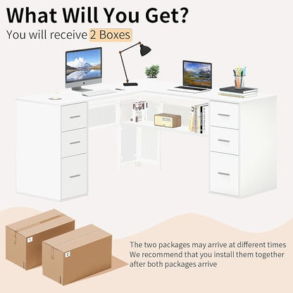 HSH White L Shaped Desk with Drawers Shelves, Large Home Office Corner Computer Desk with Storage File Cabinet, Modern Metal Wood Desk for Executive Writing Study Workstation, 59 Inch Bedroom Table