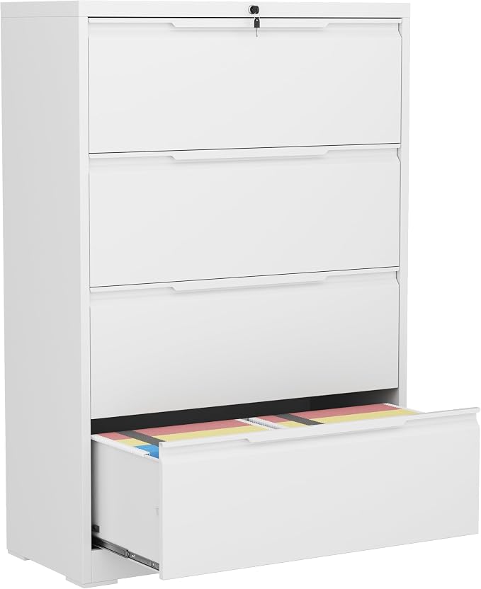 4 Drawer Lateral File Cabinets with Lock,Metal Filing Cabinet for Home Office,Wide Office Storage Cabinet with Hanging Bars for A4 Legal/Letter Size(White-Easy Assembly)