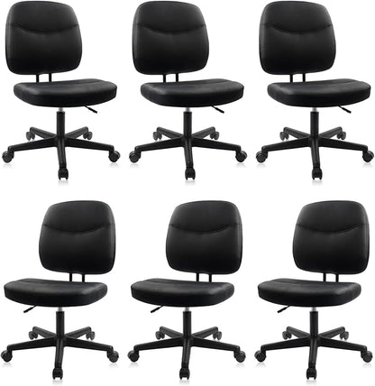 CLATINA Armless Home Office Chair,Small PU Leather Ergonomic Low Back Desk Chair with Lumbar Support and Wheels, Adjustable Height 360° Swivel Rolling Computer Task Chair, Black, 6 Pack