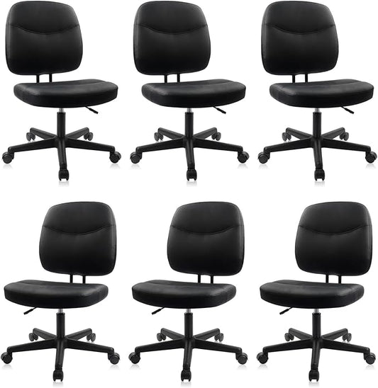 CLATINA Armless Home Office Chair,Small PU Leather Ergonomic Low Back Desk Chair with Lumbar Support and Wheels, Adjustable Height 360° Swivel Rolling Computer Task Chair, Black, 6 Pack