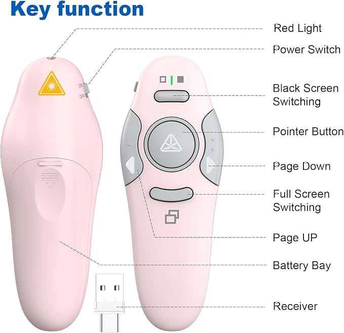 QUI Presentation Clicker Wireless Presenter Remote Clicker for PowerPoint Presentation Remote, PowerPoint Slide Advancer for Mac/Windows/Google Slide/Keynote, Pink, A-C